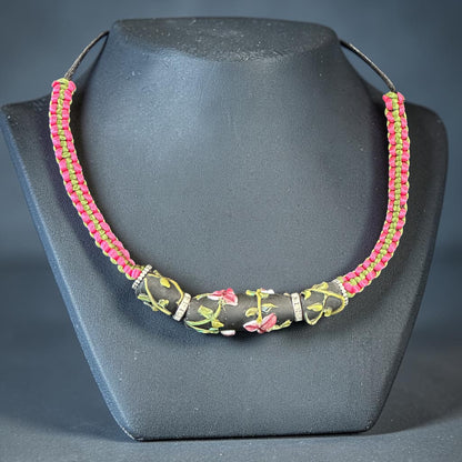 Raspberry Vine | Three-Bead Lampwork Glass Flower Necklace on Pink & Olive Braided Cord