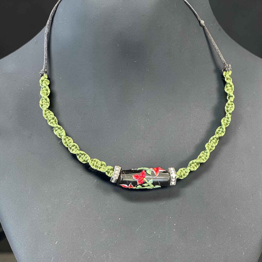 Scarlet Moss | Lampwork Glass Flower Necklace on Olive Green Spiral Cord