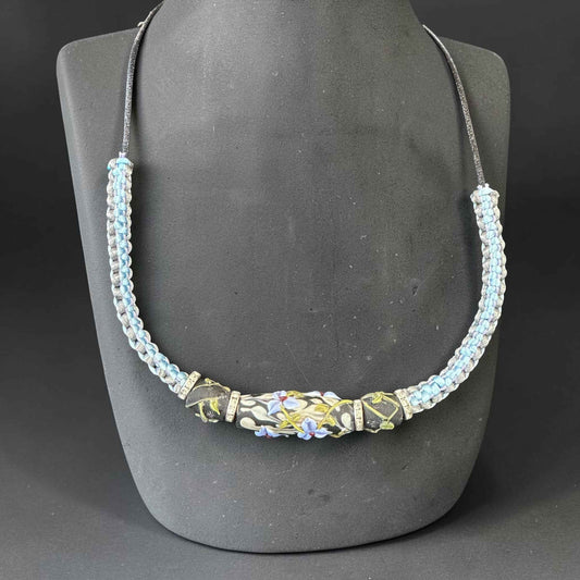 Silver Lining | Three-Bead Lampwork Glass Flower Necklace on Ice Blue & Grey Braided Cord