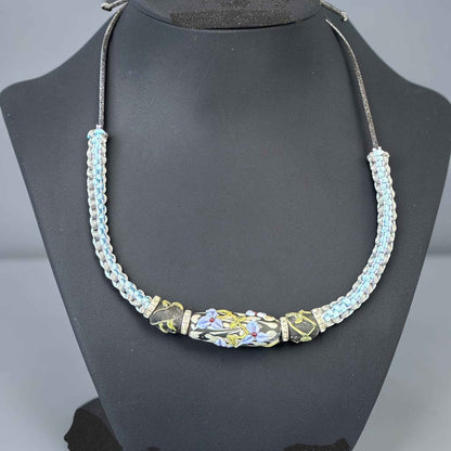 Silver Lining | Three-Bead Lampwork Glass Flower Necklace on Ice Blue & Grey Braided Cord