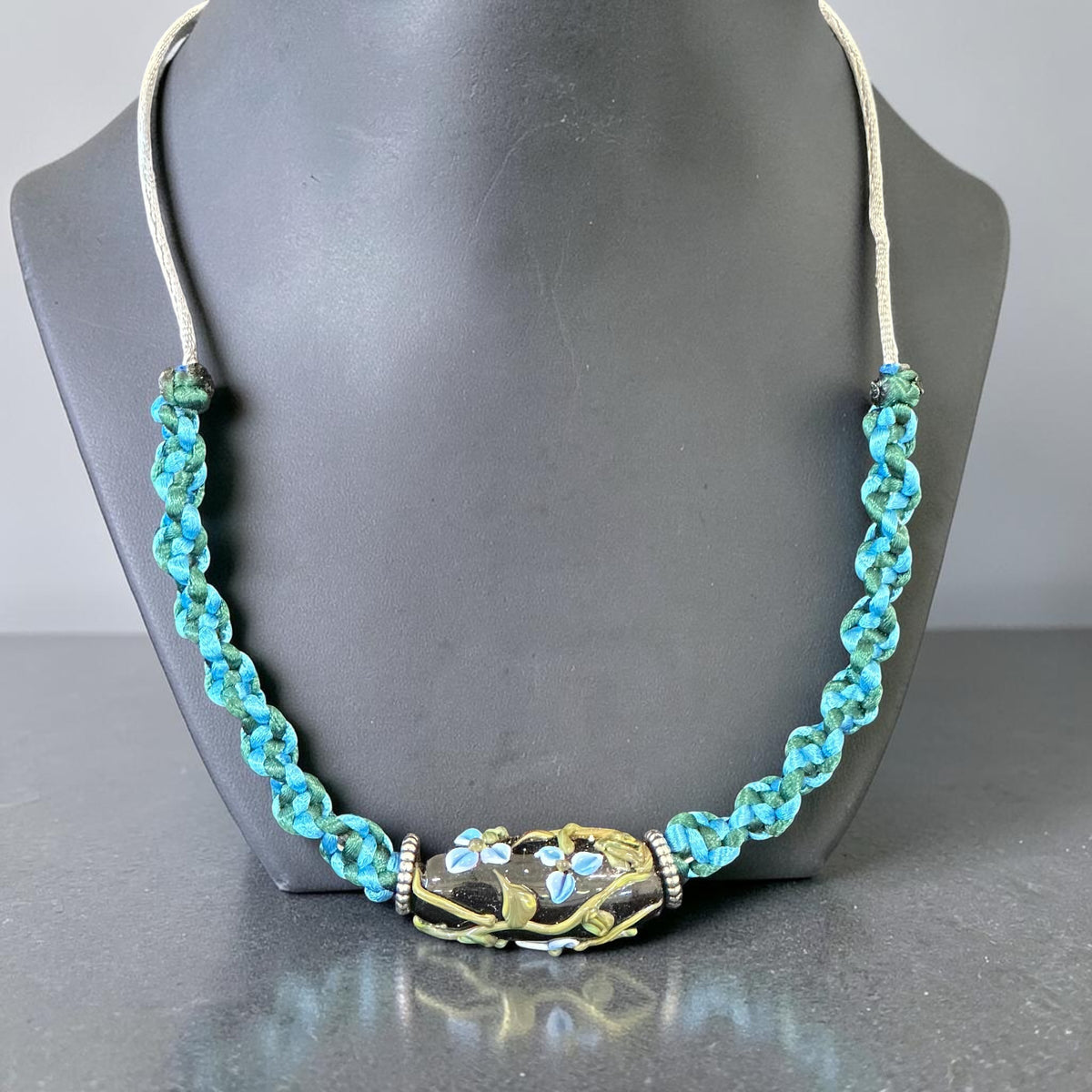 Tidewater | Lampwork Glass Flower Necklace on Teal & Geen Spiral Cord