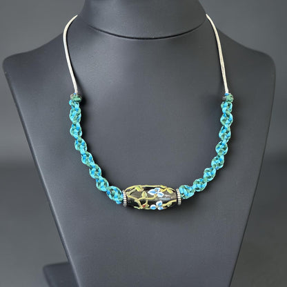 Tidewater | Lampwork Glass Flower Necklace on Teal & Geen Spiral Cord