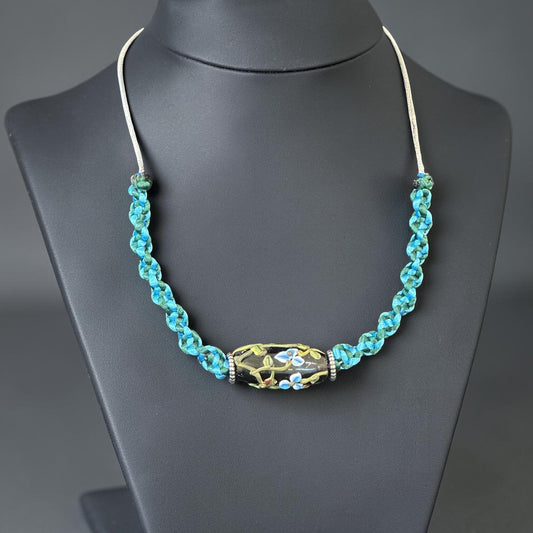Tidewater | Lampwork Glass Flower Necklace on Teal & Geen Spiral Cord