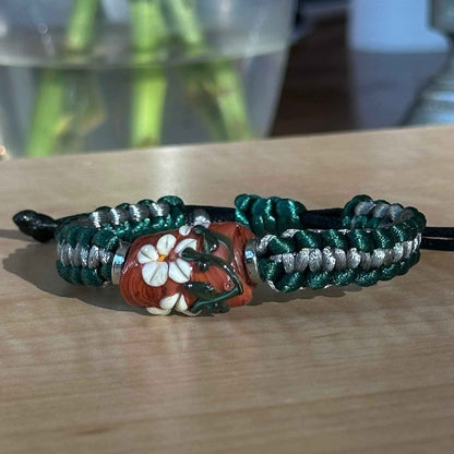 Evergreen Ash | Lampwork Glass Flower Bracelet on Forest Green & Gray Braided Cord