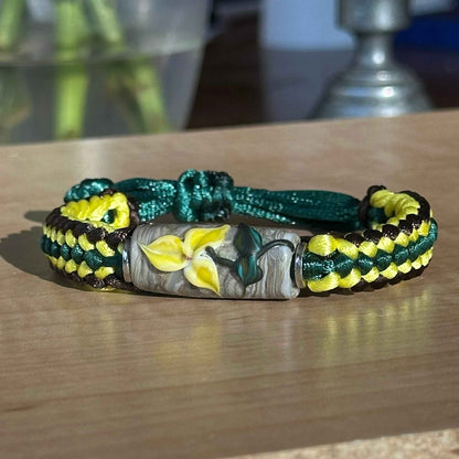Lemon Birch | Lampwork Glass Flower Bracelet on Forest Green, Yellow & Brown Braided Cord