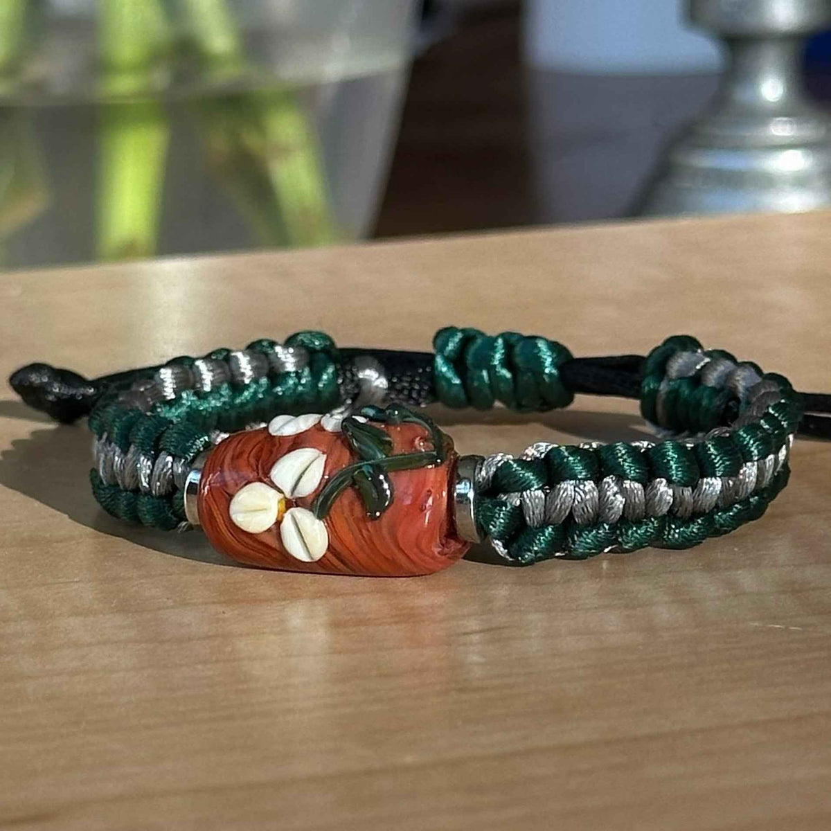 Evergreen Ash | Lampwork Glass Flower Bracelet on Forest Green & Gray Braided Cord
