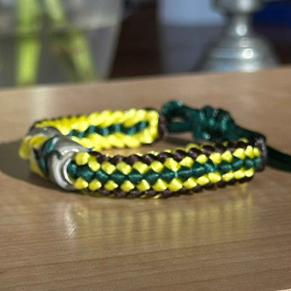 Lemon Birch | Lampwork Glass Flower Bracelet on Forest Green, Yellow & Brown Braided Cord