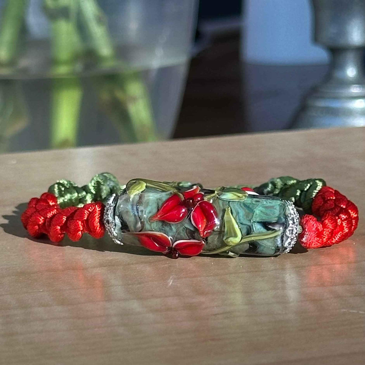 Cardinal Vine | Lampwork Glass Flower Bracelet on Red & Olive Green Braided Cord
