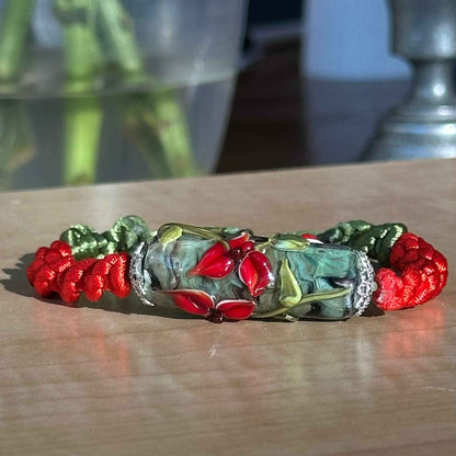 Cardinal Vine | Lampwork Glass Flower Bracelet on Red & Olive Green Braided Cord