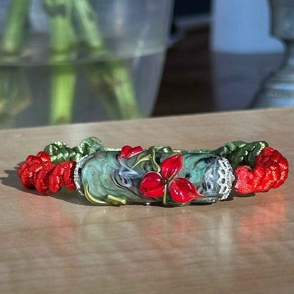 Cardinal Vine | Lampwork Glass Flower Bracelet on Red & Olive Green Braided Cord