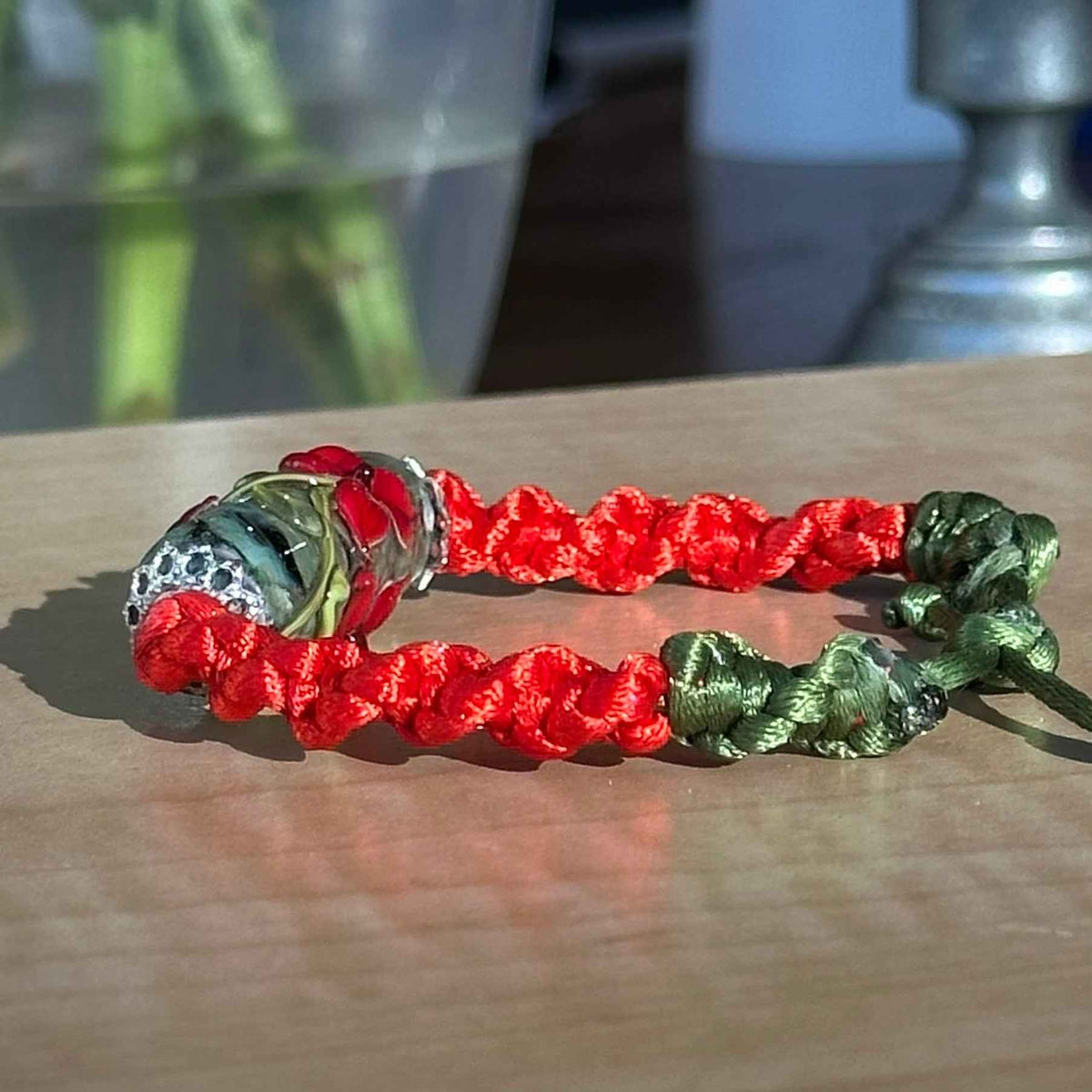 Cardinal Vine | Lampwork Glass Flower Bracelet on Red & Olive Green Braided Cord