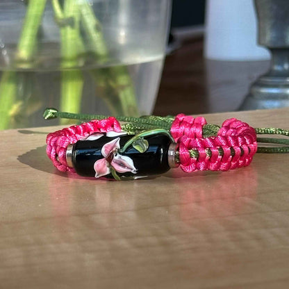Fuchsia Noir | Lampwork Glass Flower Bracelet on Hot Pink & Olive Braided Cord