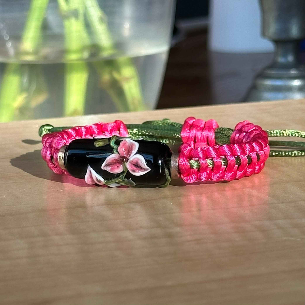 Fuchsia Noir | Lampwork Glass Flower Bracelet on Hot Pink & Olive Braided Cord