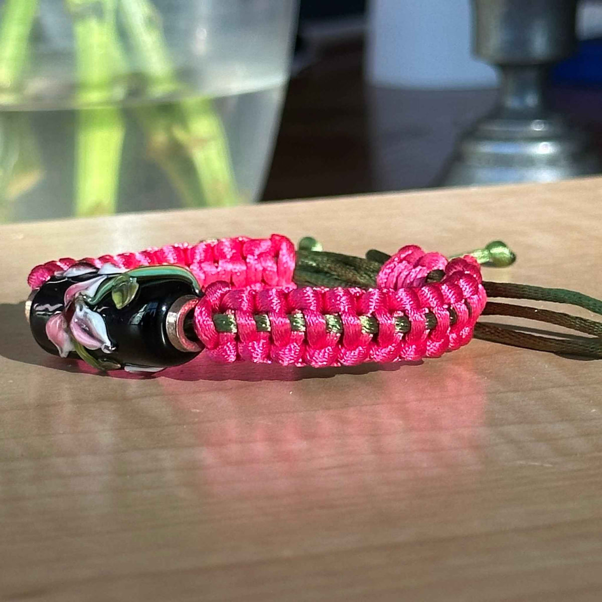 Fuchsia Noir | Lampwork Glass Flower Bracelet on Hot Pink & Olive Braided Cord
