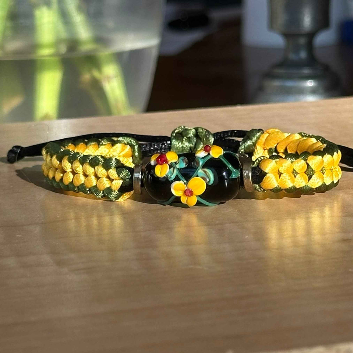 Copper Pine | Lampwork Glass Flower Bracelet on Evergreen & Copper Braided Cord