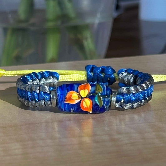 Sapphire Tangerine | Lampwork Glass Flower Bracelet on Royal Blue & Gray Braided Cord