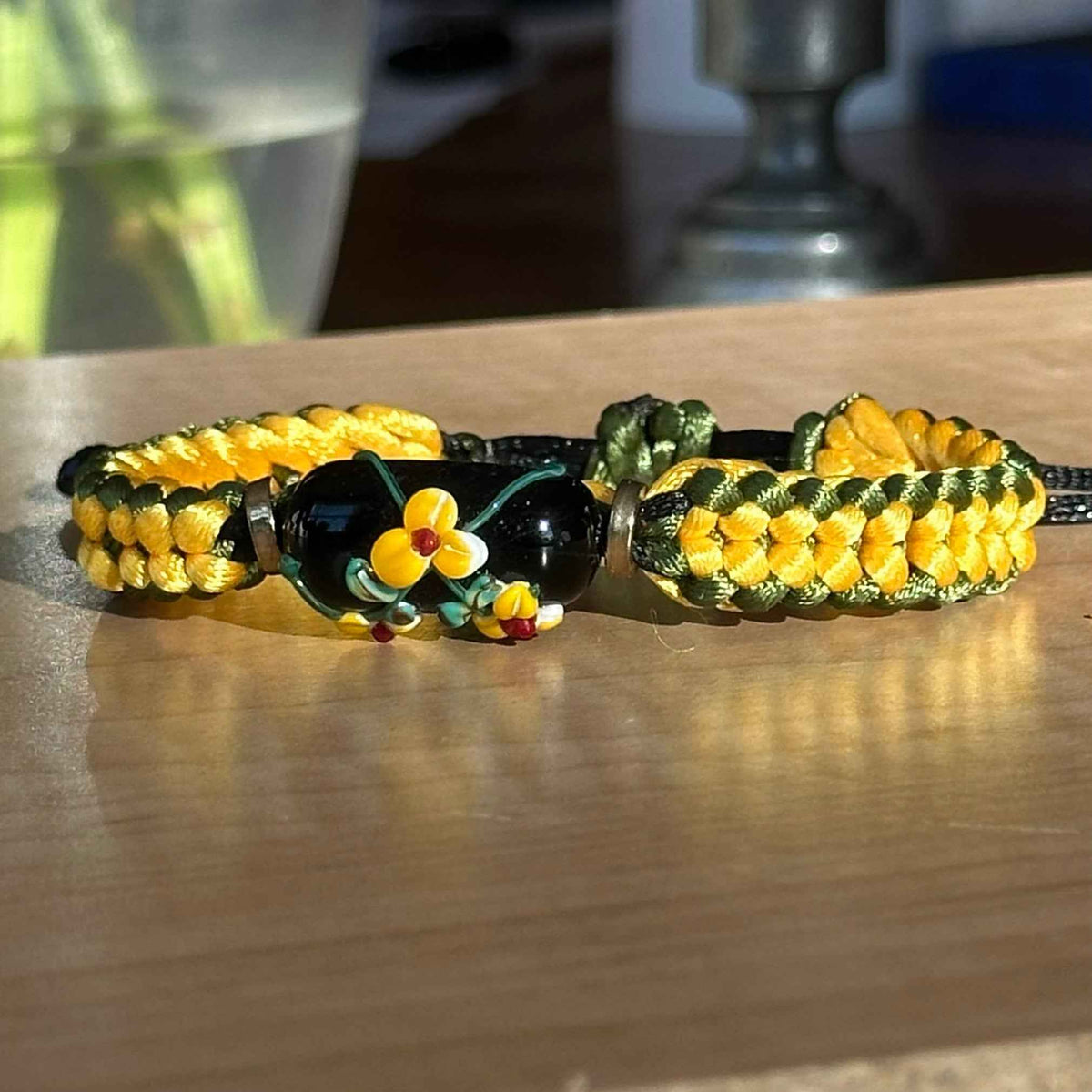 Copper Pine | Lampwork Glass Flower Bracelet on Evergreen & Copper Braided Cord