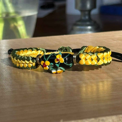 Copper Pine | Lampwork Glass Flower Bracelet on Evergreen & Copper Braided Cord