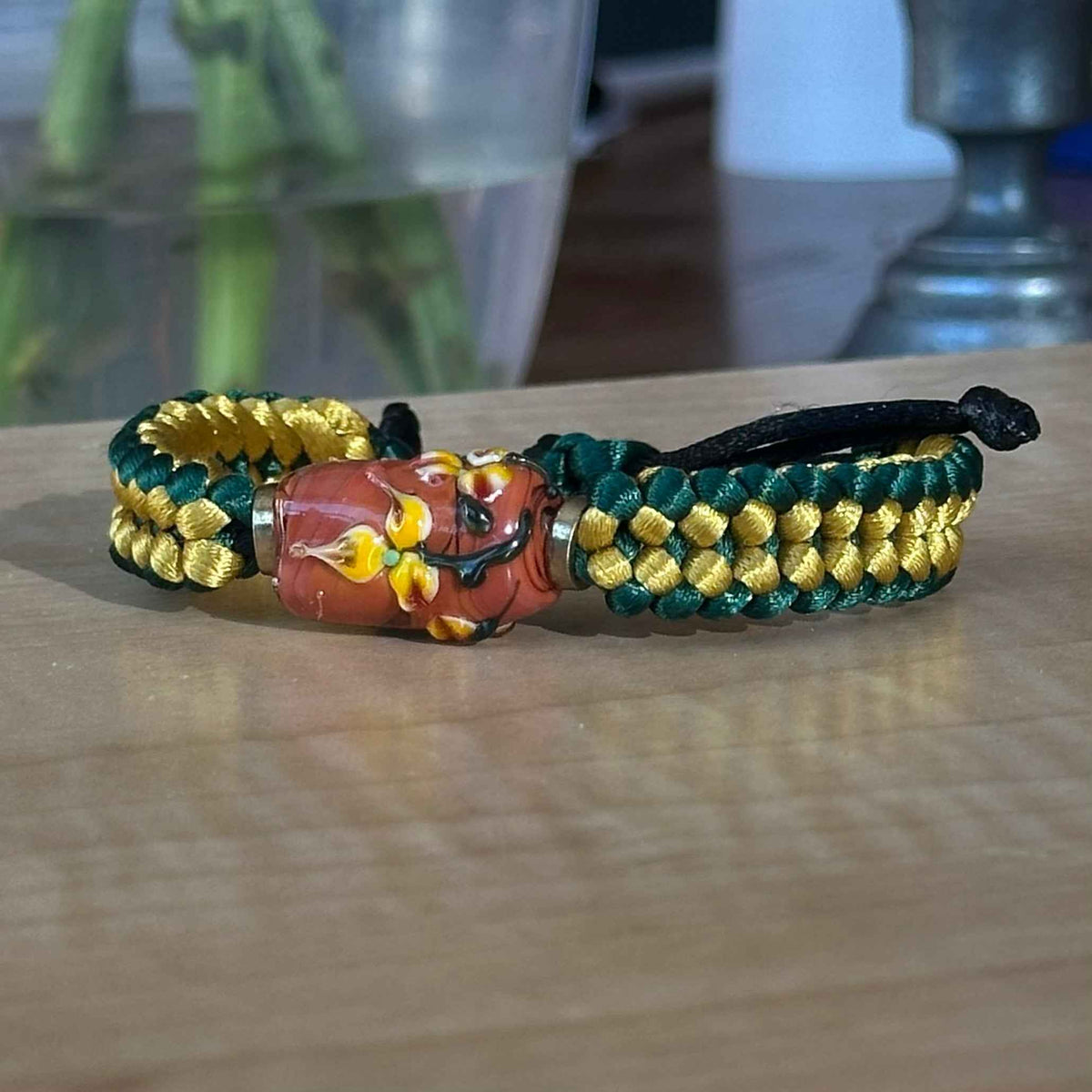 Tuscan Sun | Lampwork Glass Flower Bracelet on Mustard Gold & Forest Green Braided Cord