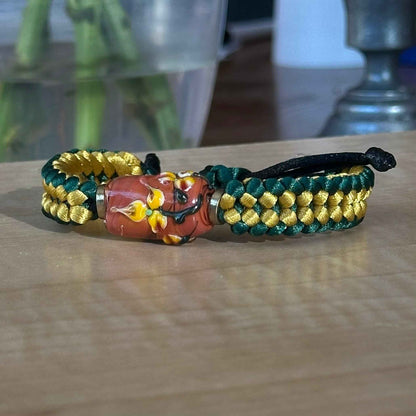 Tuscan Sun | Lampwork Glass Flower Bracelet on Mustard Gold & Forest Green Braided Cord