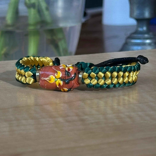 Tuscan Sun | Lampwork Glass Flower Bracelet on Mustard Gold & Forest Green Braided Cord