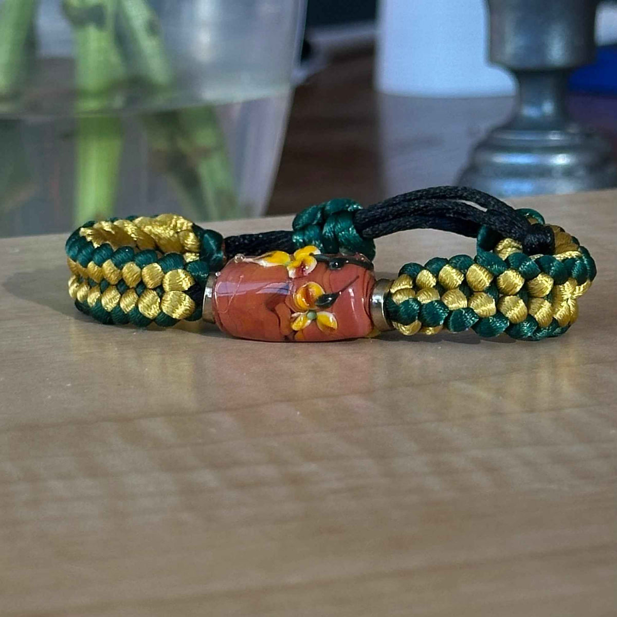 Tuscan Sun | Lampwork Glass Flower Bracelet on Mustard Gold & Forest Green Braided Cord
