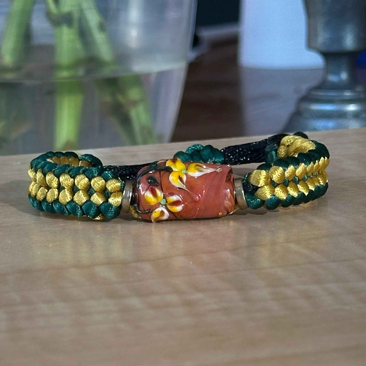 Tuscan Sun | Lampwork Glass Flower Bracelet on Mustard Gold & Forest Green Braided Cord