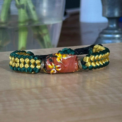 Tuscan Sun | Lampwork Glass Flower Bracelet on Mustard Gold & Forest Green Braided Cord
