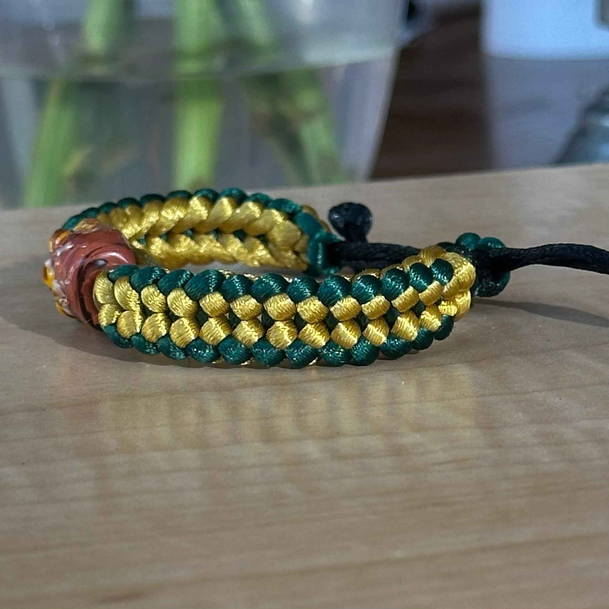 Tuscan Sun | Lampwork Glass Flower Bracelet on Mustard Gold & Forest Green Braided Cord