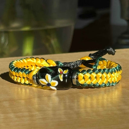 Gilded Jasmine | Lampwork Glass Flower Bracelet on Gold & Forest Green Braided Cord