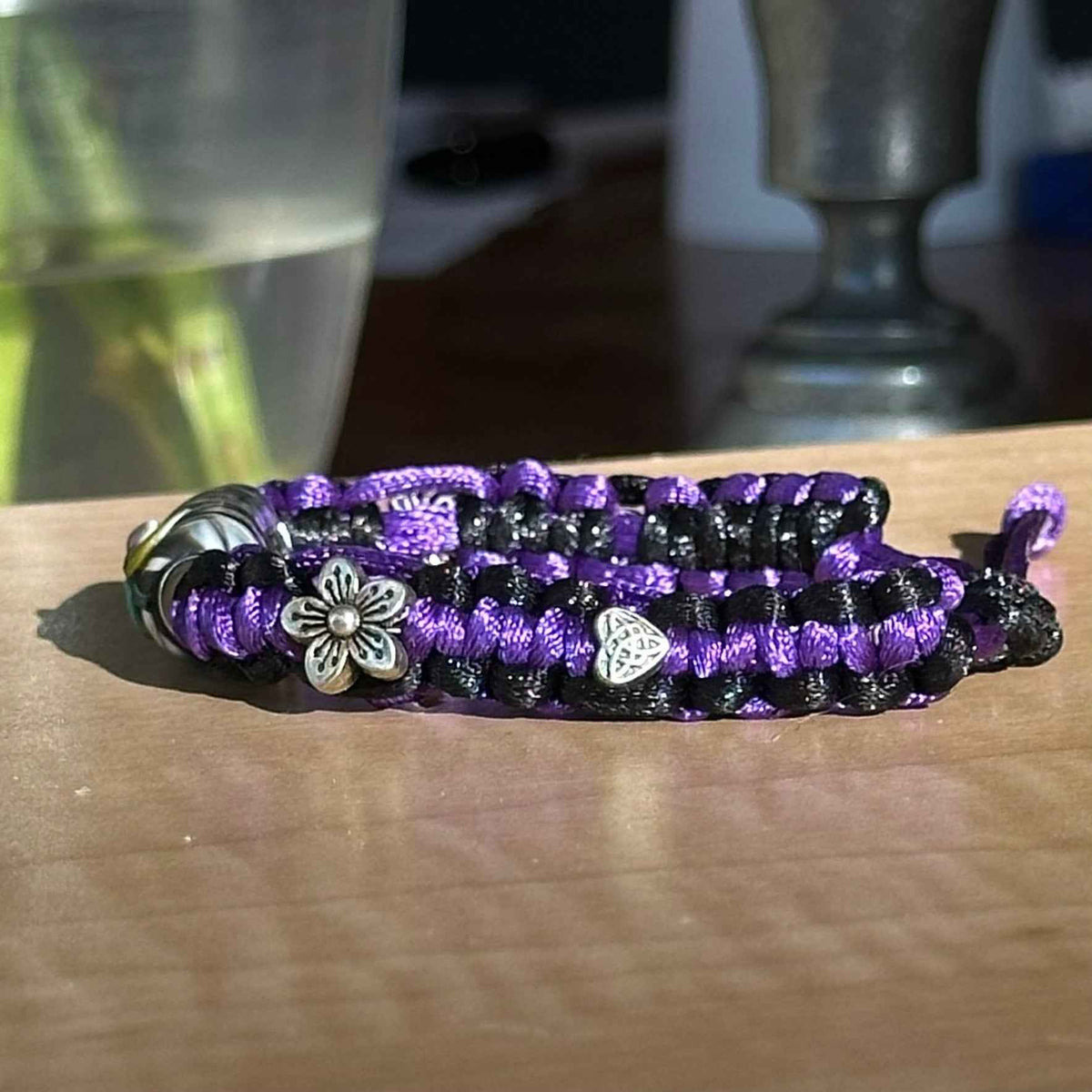 Lilac Smoke | Lampwork Glass Flower Bracelet with Flower Charm on Purple & Black Braided Cord