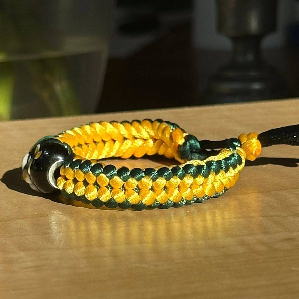 Gilded Jasmine | Lampwork Glass Flower Bracelet on Gold & Forest Green Braided Cord