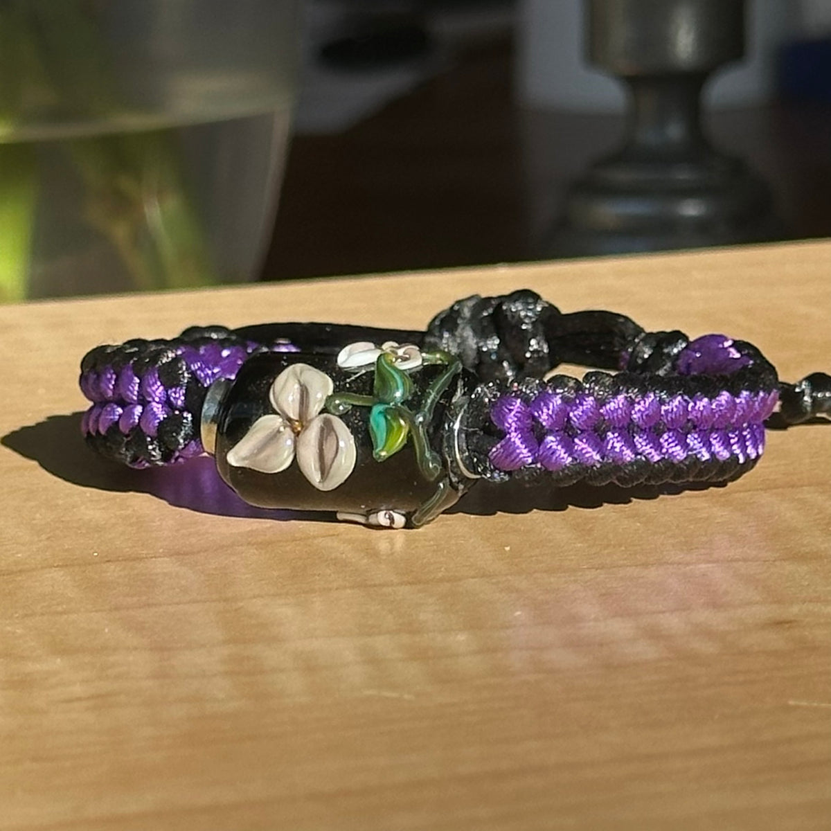 Violet Nightshade | Lampwork Glass Flower Bracelet on Purple & Black Braided Cord
