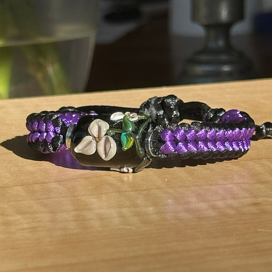 Violet Nightshade | Lampwork Glass Flower Bracelet on Purple & Black Braided Cord