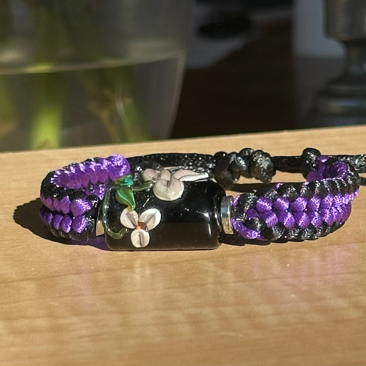 Violet Nightshade | Lampwork Glass Flower Bracelet on Purple & Black Braided Cord