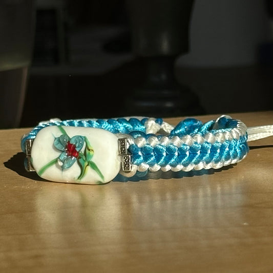 Glacier Orchid | Lampwork Glass Flower Bracelet on Sky Blue & White Braided Cord