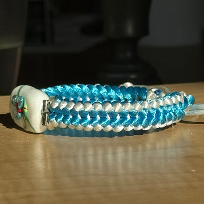 Glacier Orchid | Lampwork Glass Flower Bracelet on Sky Blue & White Braided Cord