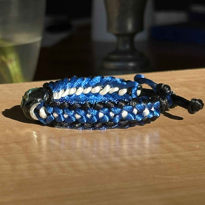 Periwinkle Storm | Lampwork Glass Flower Bracelet on Royal Blue, Black & White Braided Cord