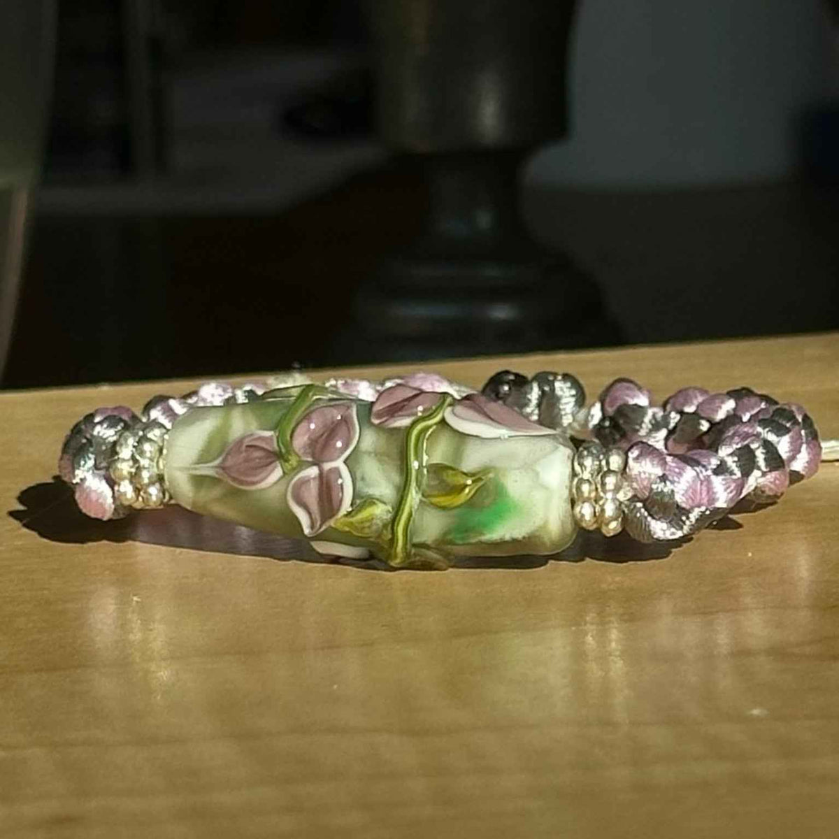 Wisteria Mist | Lampwork Glass Flower Bracelet on Lilac & Gray Braided Cord
