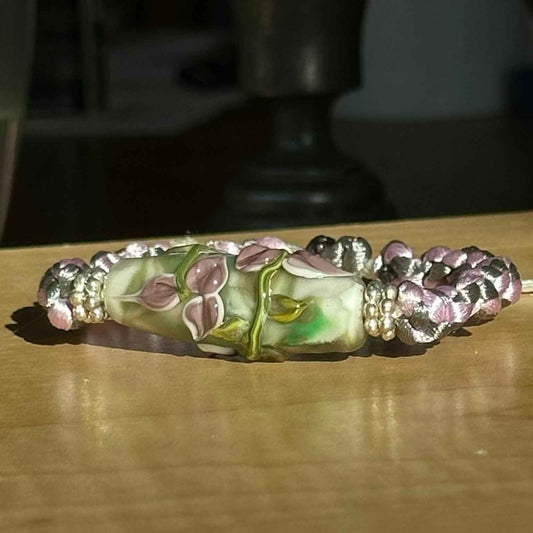 Wisteria Mist | Lampwork Glass Flower Bracelet on Lilac & Gray Braided Cord