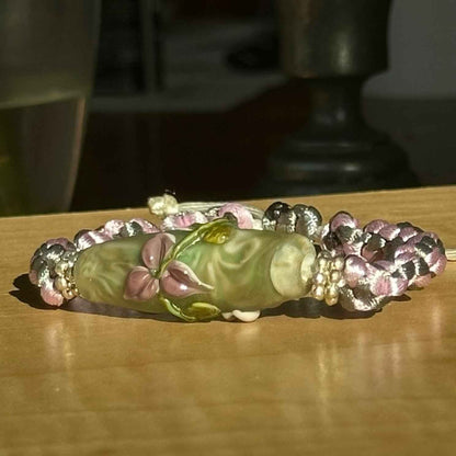 Wisteria Mist | Lampwork Glass Flower Bracelet on Lilac & Gray Braided Cord