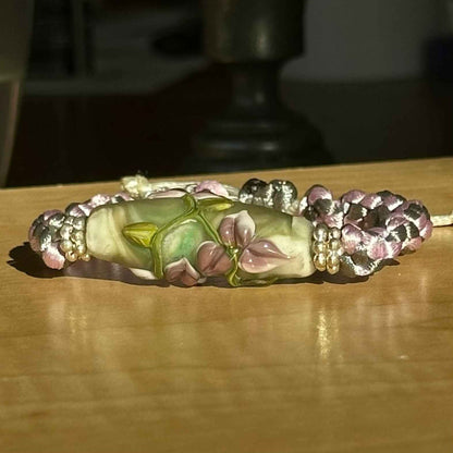 Wisteria Mist | Lampwork Glass Flower Bracelet on Lilac & Gray Braided Cord