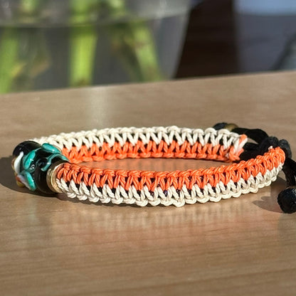 Persimmon Night | Lampwork Glass Flower Bracelet on Orange & Cream Woven Cotton Cord