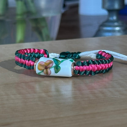 Watermelon Pansy | Lampwork Glass Flower Bracelet on Hot Pink & Forest Green Braided Cord