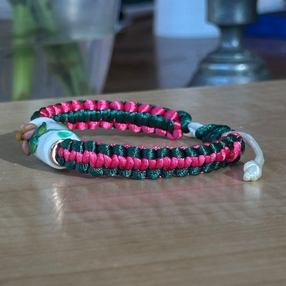 Watermelon Pansy | Lampwork Glass Flower Bracelet on Hot Pink & Forest Green Braided Cord