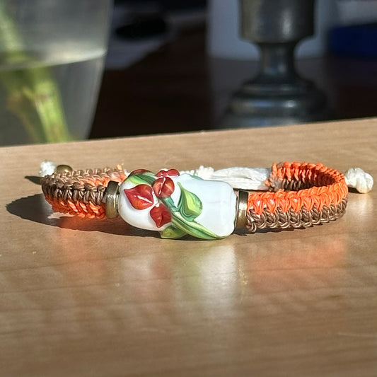 Russet Ivy | Lampwork Glass Flower Bracelet on Orange & Brown Woven Cotton Cord