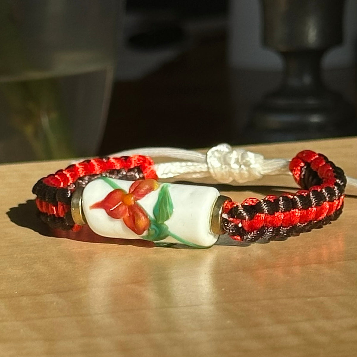 Cayenne Espresso | Lampwork Glass Flower Bracelet on Red & Chocolate Brown Braided Cord