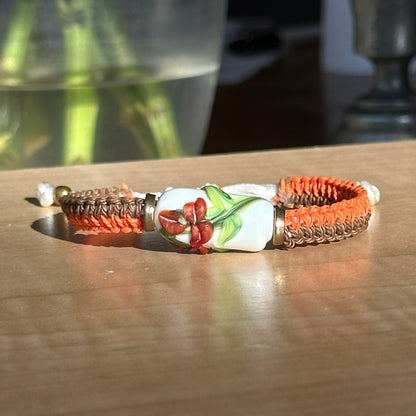 Russet Ivy | Lampwork Glass Flower Bracelet on Orange & Brown Woven Cotton Cord