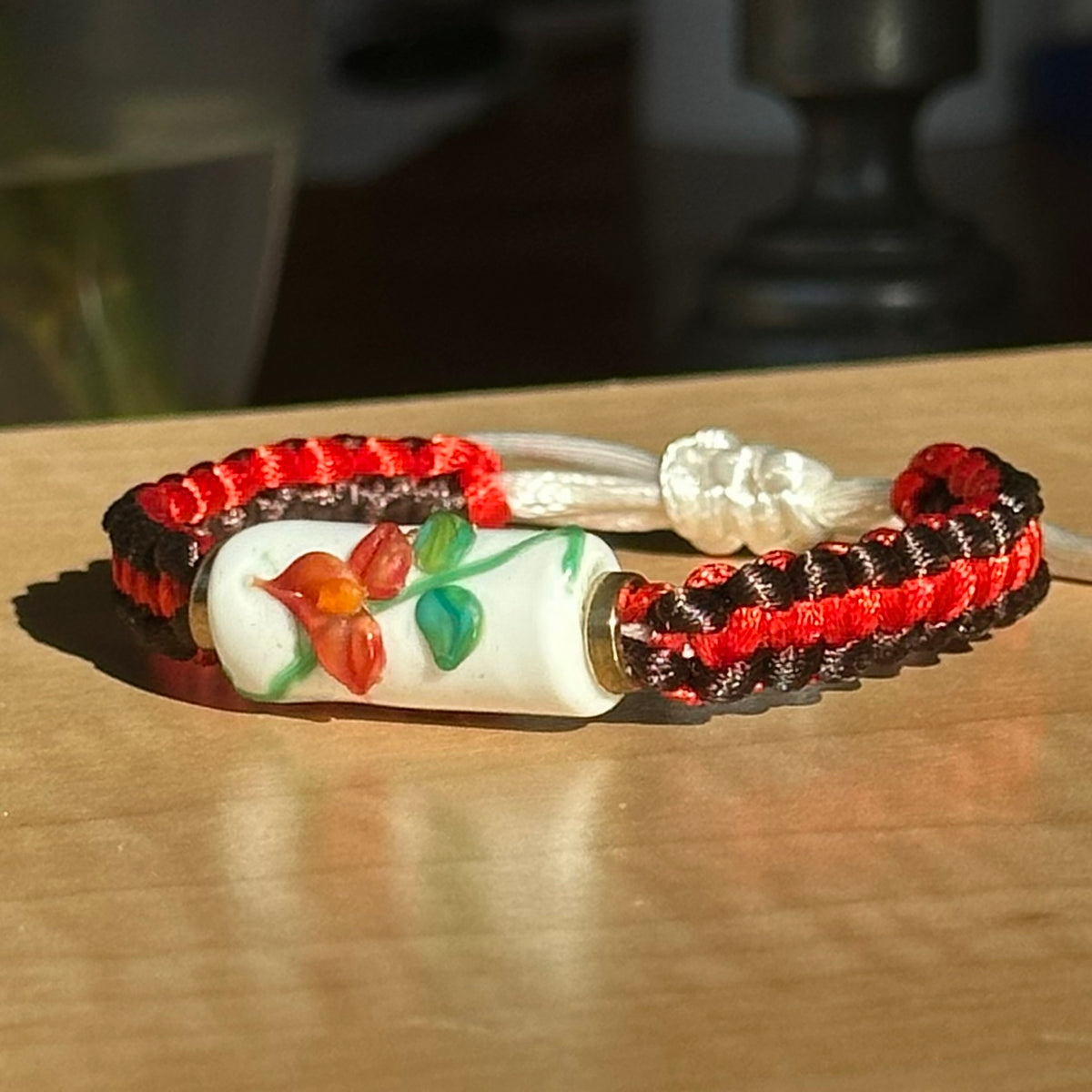 Cayenne Espresso | Lampwork Glass Flower Bracelet on Red & Chocolate Brown Braided Cord