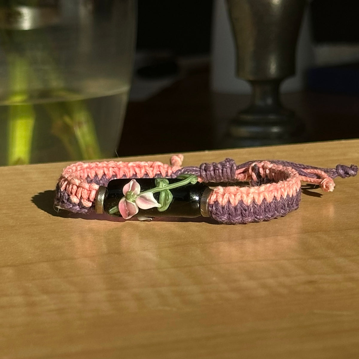 Blush Plum | Lampwork Glass Flower Bracelet on Coral Pink & Plum Woven Cotton Cord